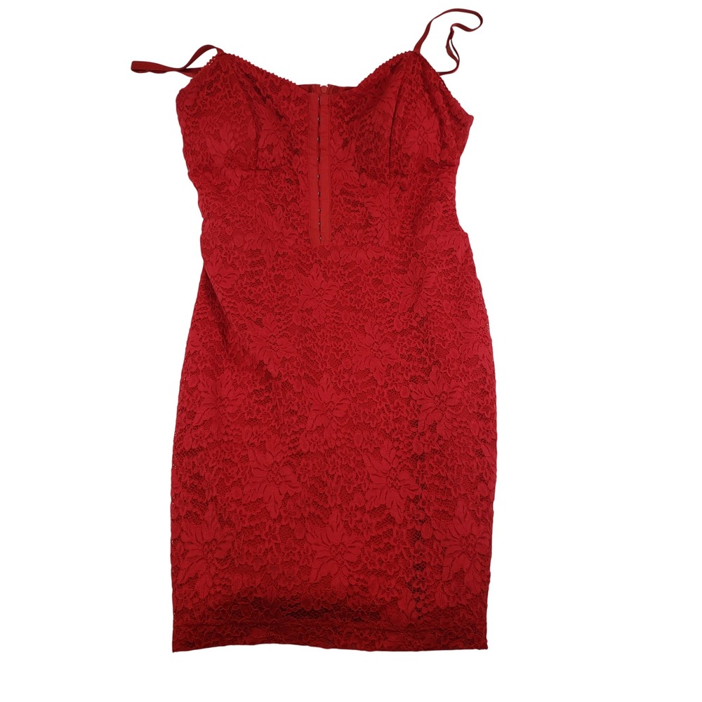 AUW Red Lace Corset Hook Front Bodycon Mini Dress Size L Special Occasion